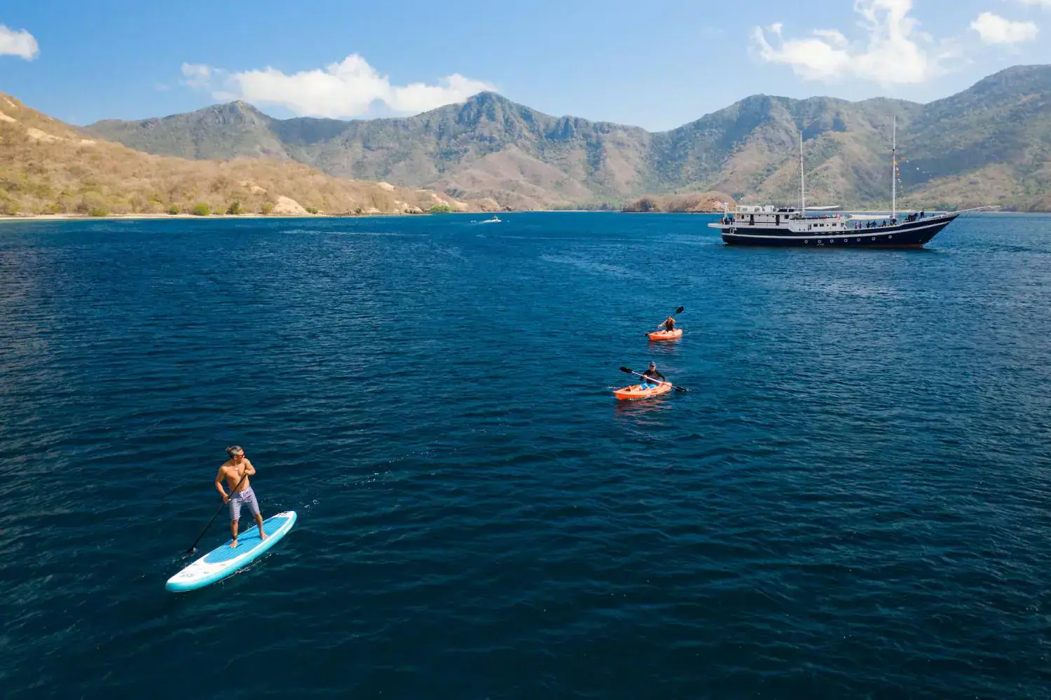 activity kayaking, beautiful landscape, clear sky, deep blue water