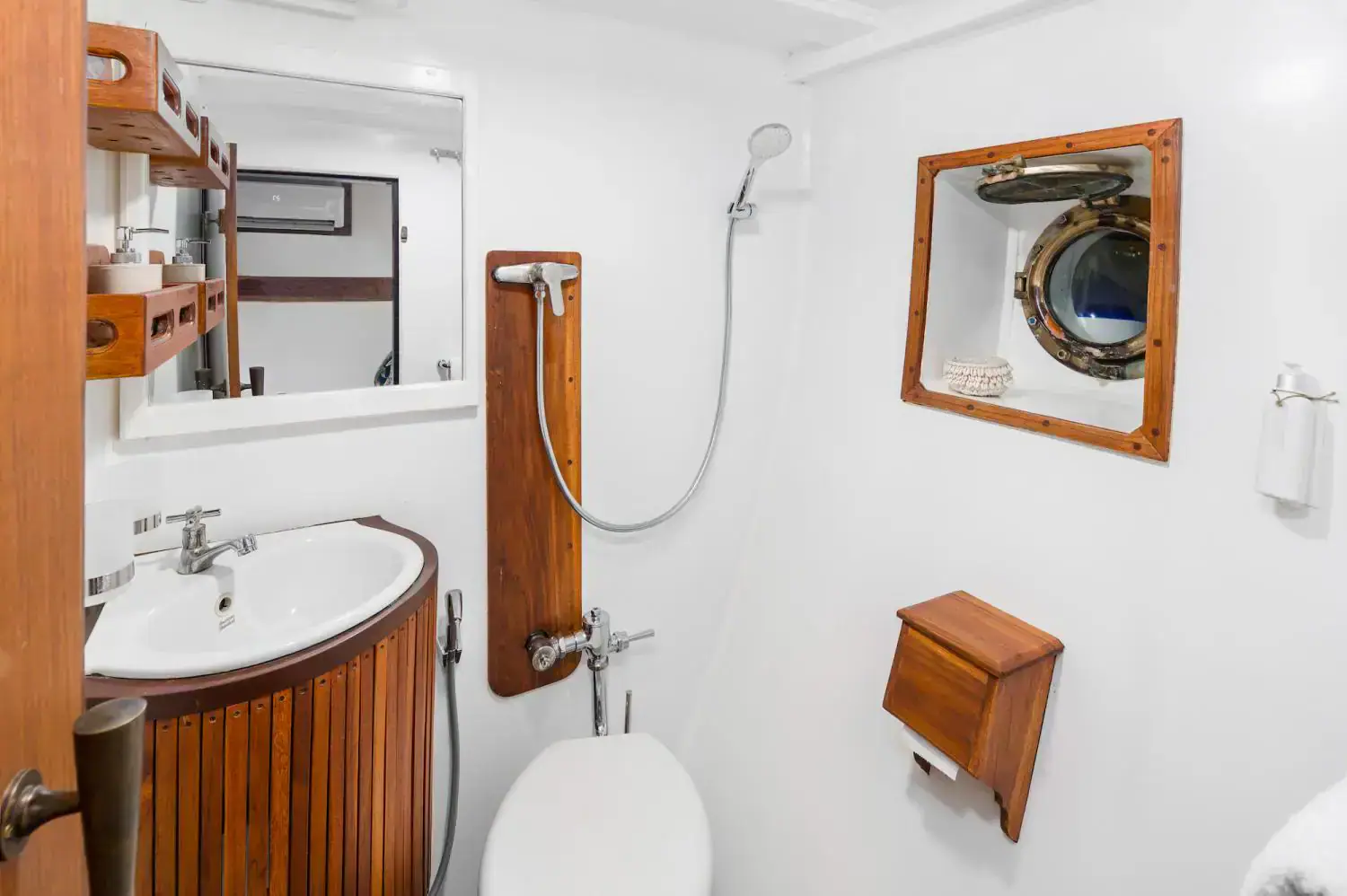 lower deck cabin bathroom details, clean interior, wooden details