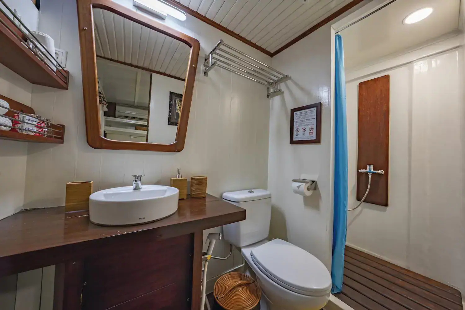 sea view cabin bathroom, private bathroom, mirror, clean bathroom, toilet and shower 