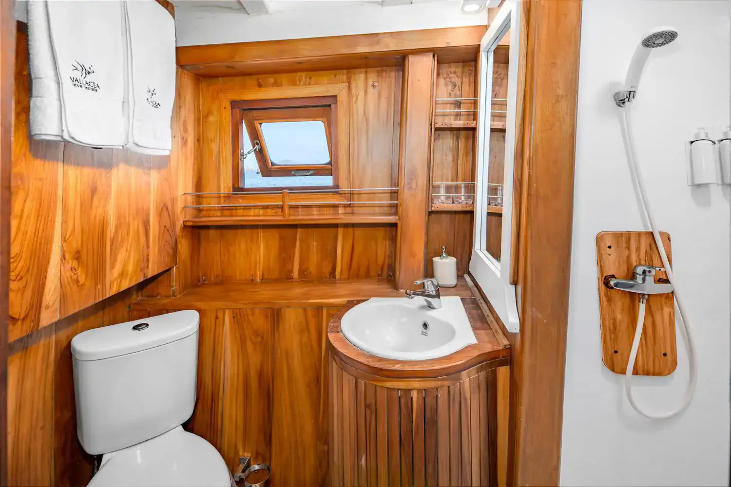 sea view cabin bathroom details, wooden interior