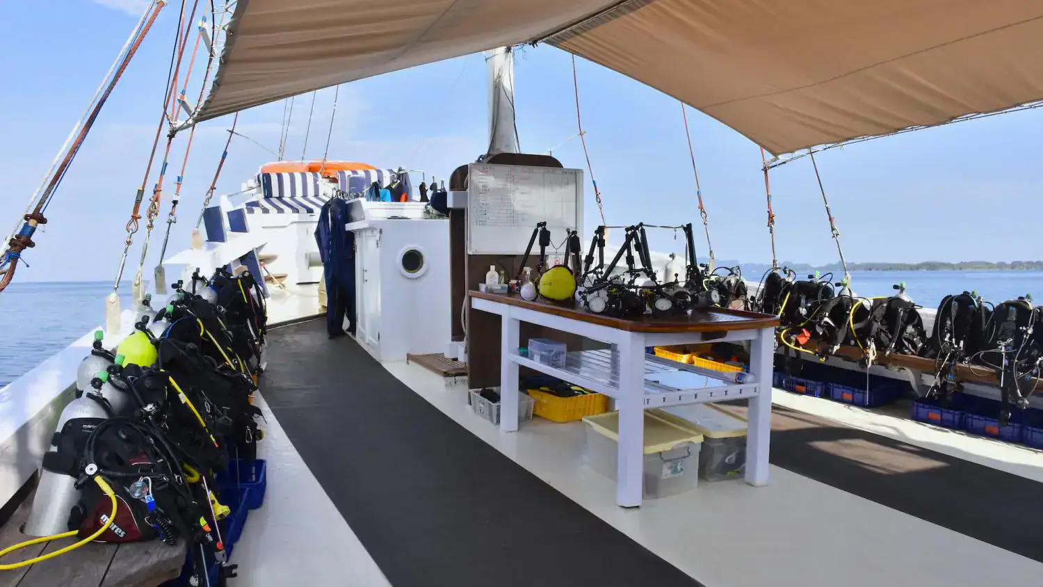 the dive deck, onboard dive center, diving equipment 