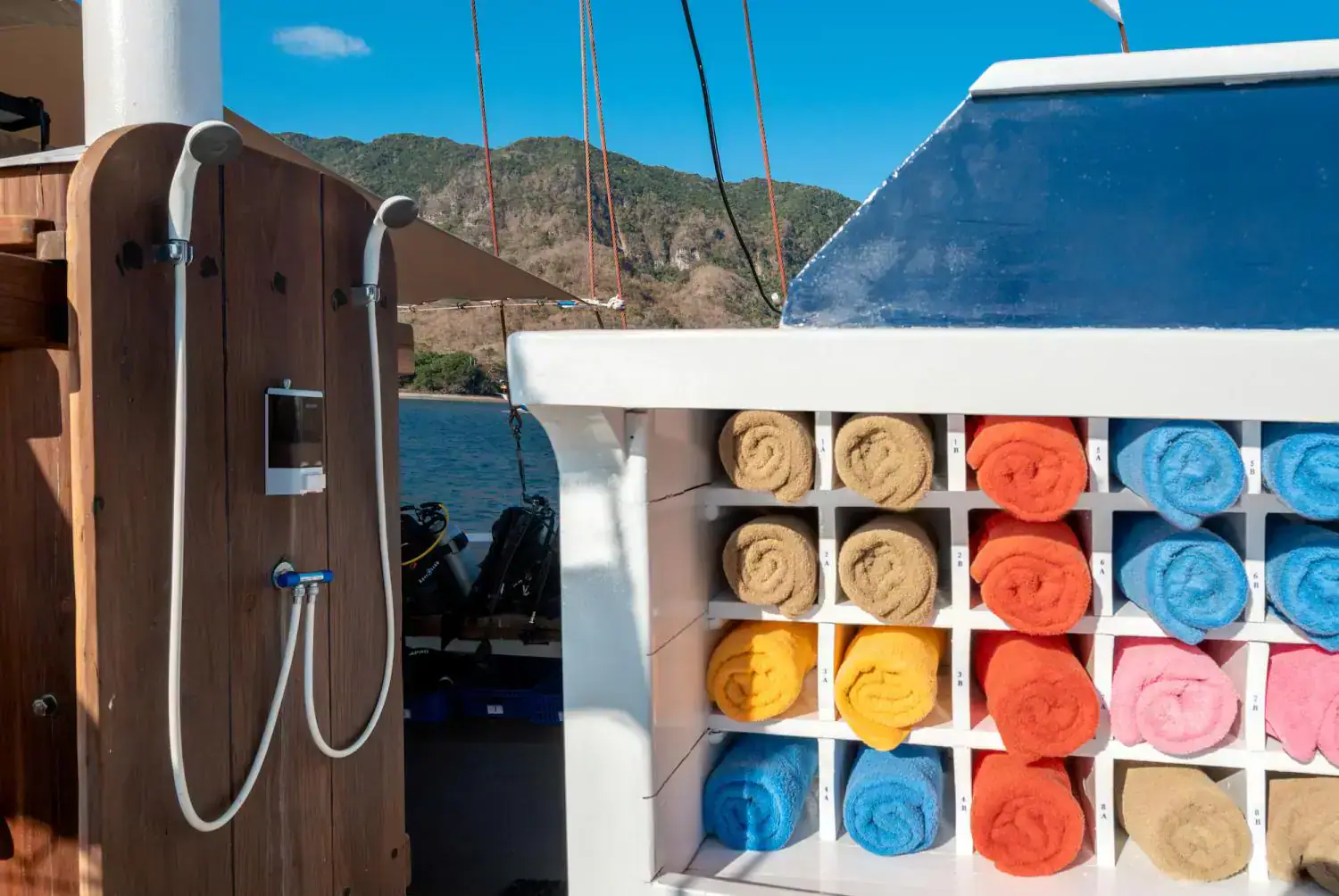 the dive deck, onboard dive center, outdoor shower