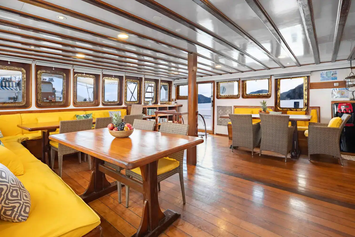 the restaurant, bench, dining tables, wooden interior, interior